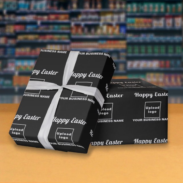 Papier Cadeau Papier noir à enveloppement de Pâques (Black wrapping paper with seamless pattern of Easter greeting, your business name and logo)