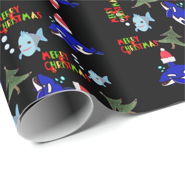 Papier Cadeau Papier noir à enveloppement de requin de Noël (Coin rond)