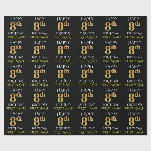 Papier Cadeau Papier noir, "HAPPY 8th BIRTHDAY" (Plat)
