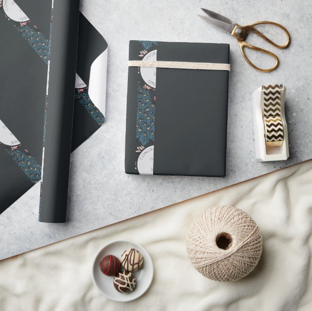 Papier Cadeau Papier peint mariage botanique noir Paon & Fleurs  (Artisanat)