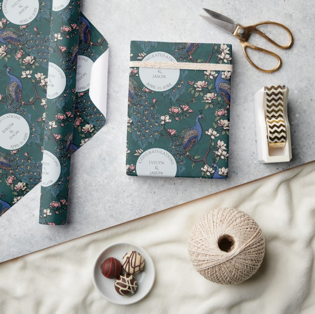 Papier Cadeau Papier Peint Mariage Paon & Fleurs Teal Botanique  (Artisanat)