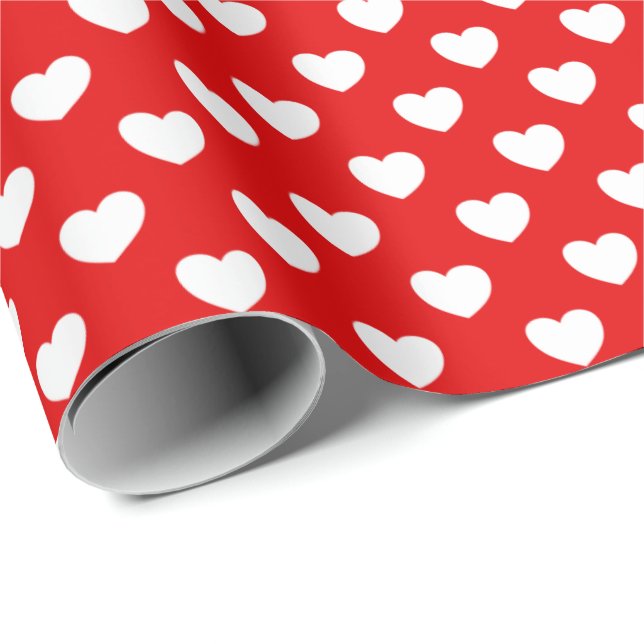 Papier Cadeau Papier Rouge Et Coeurs d'Amour Blanc Motif (Coin rond)