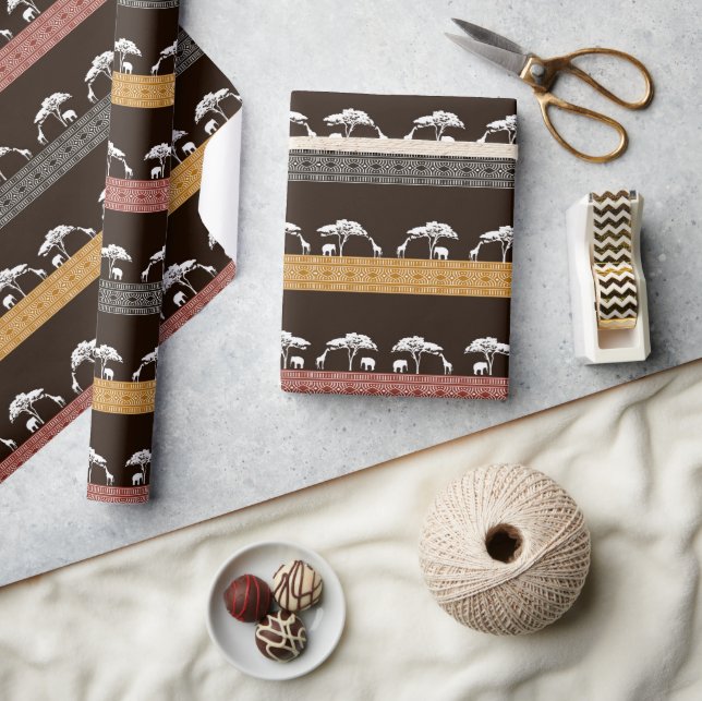 Papier Cadeau Papier Safari Elephant Et Giraffe Africain (Artisanat)