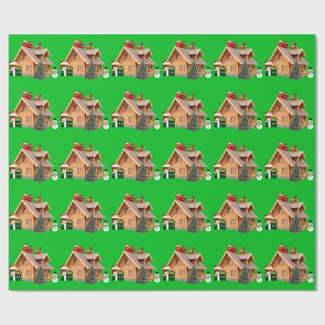 Papier Cadeau Papier vert Cabine de Noël (Plat)