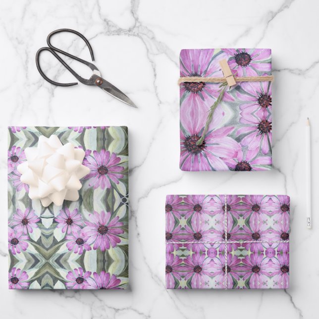 Papier cadeau Papier violet marguerites africaines (Recto)