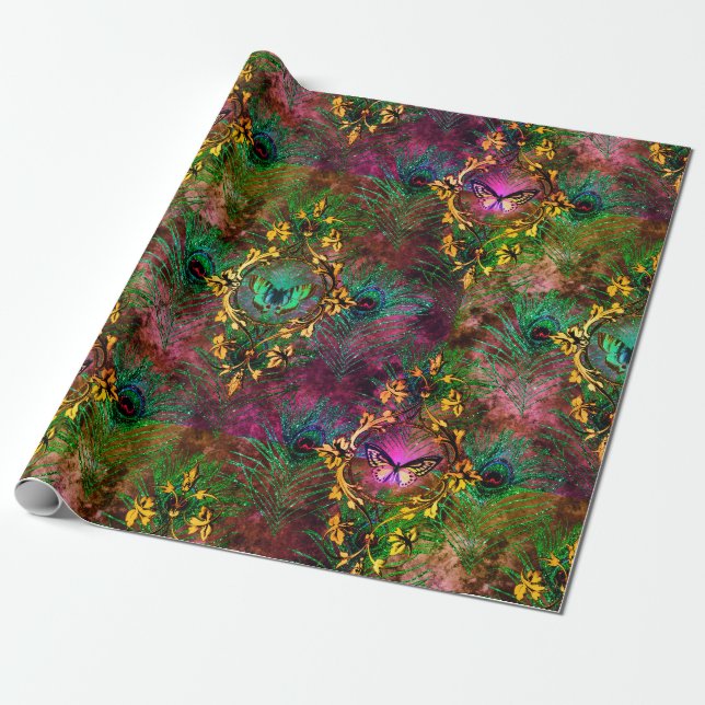 Papier Cadeau Papillon à plume de paon élégant victorien violet (Déroulé)