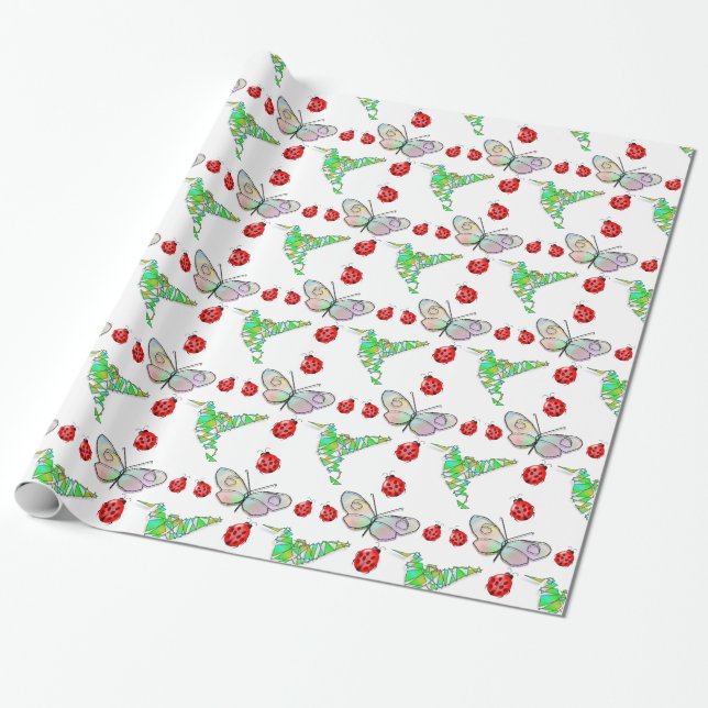 Papier Cadeau Papillon, colibri et Motif de coccinelle (Déroulé)