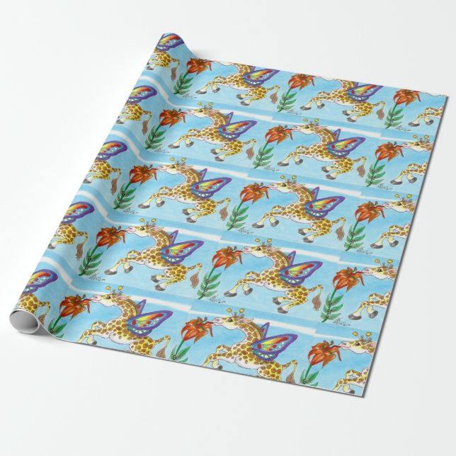 Papier Cadeau Papillon de girafe sirotant sur un art (Déroulé)