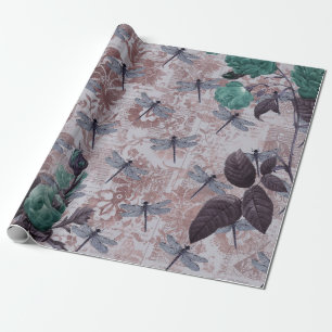 Papier Cadeau Papillon de Newsprint à libellules et à fleurs vio