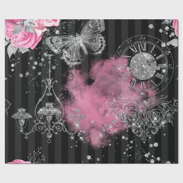 Papier Cadeau Papillon de Parties scintillant en argent Roses ro (Couture)