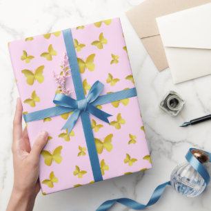 Papier Cadeau Papillon doré élégant en rose
