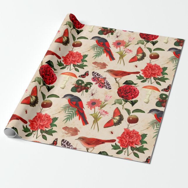 Papier Cadeau Papillon et champignon aux oiseaux rouges (Déroulé)