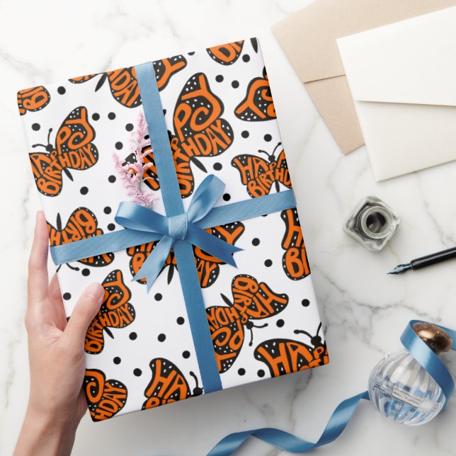 Papier Cadeau Papillon Monarque Noir et Orange Joyeux Anniversai (Cadeaux)