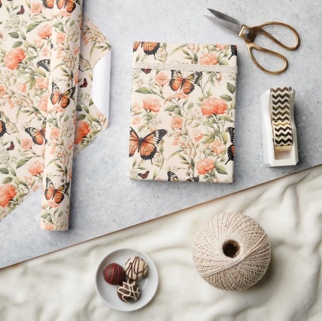 Papier Cadeau Papillon monarque Orange Floral (Artisanat)