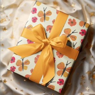 Papier Cadeau Papillon orange Rouge Pavot mignon Retro Toné Terr