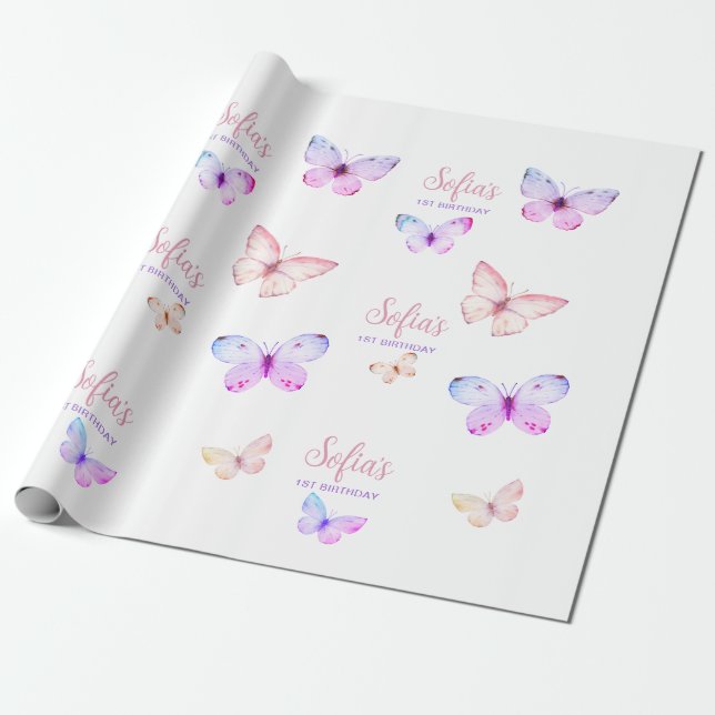 Papier Cadeau Papillon premier anniversaire fille 1er rose viole (Déroulé)