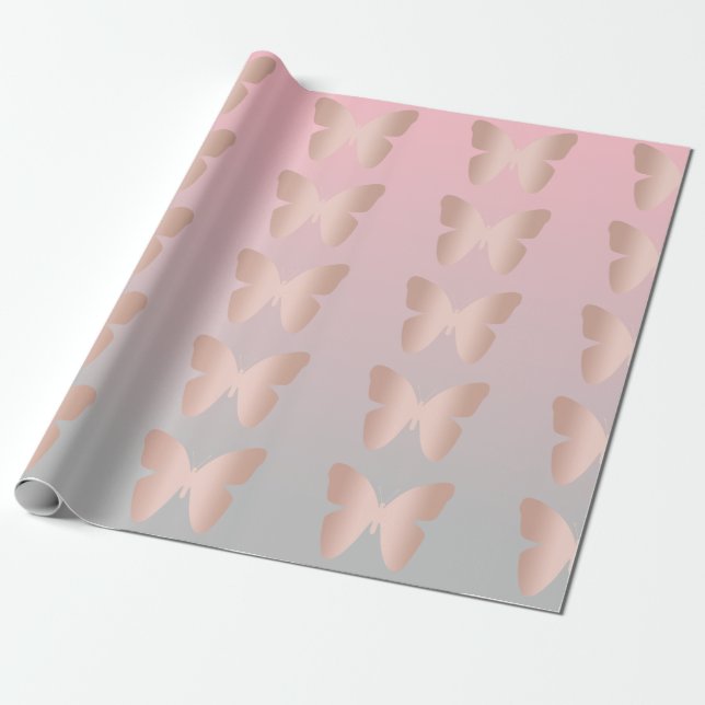 Papier Cadeau Papillon rose à la mode moderne élégant d'or (Déroulé)