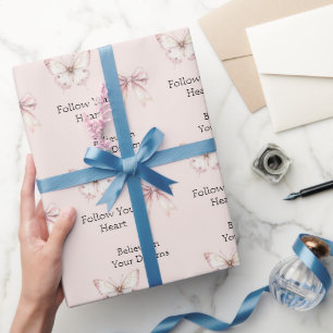 Papier Cadeau Papillon Rose Fardé Croire en les Rêves Anniversai