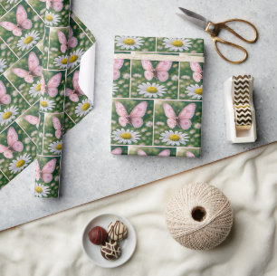 Papier Cadeau Papillon rose girly et marguerite blanche