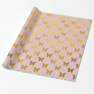 Papier Cadeau Papillon rose or Papillons Métallurgiques Faux Pa