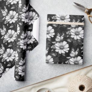 Papier Cadeau Papillon sur Motif à fleurs - Noir
