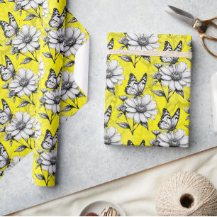 Papier Cadeau Papillon sur Motif Fleur Design Jaune