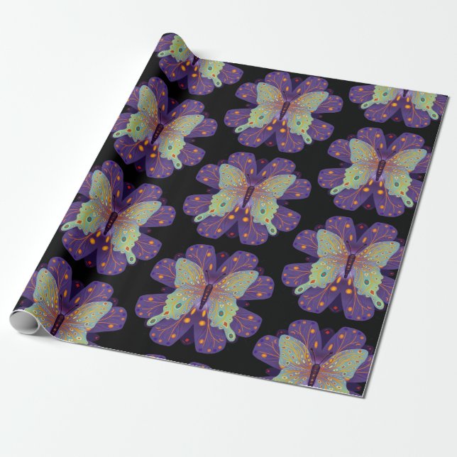 Papier Cadeau Papillon violet, noir et bleu pâle (Déroulé)