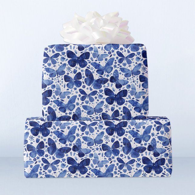 Papier Cadeau Papillons Aquarelle Bleu (Pretty watercolor indigo blue and white butterfly pattern gift wrapping paper)