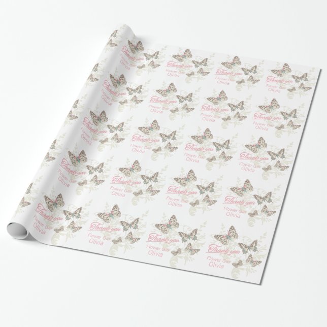 Papier Cadeau Papillons blanc rose mariage faveur merci (Déroulé)