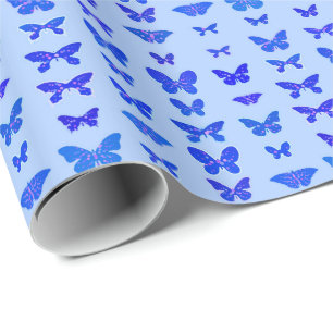 Papier Cadeau Papillons, bleu cobalt, fond bleu clair
