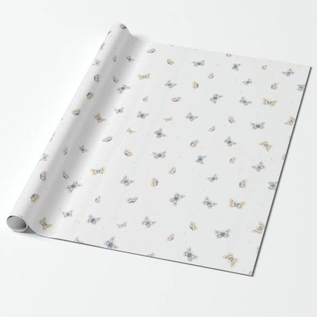 Papier Cadeau Papillons bleu et crème Faune du jardin (Déroulé)