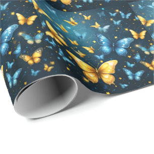 Papier Cadeau Papillons Bleus Et Jaunes Volant,