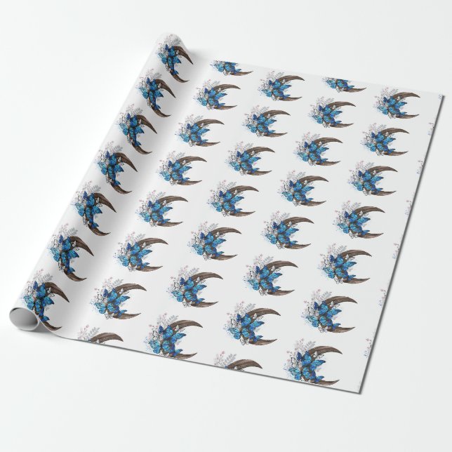 Papier Cadeau Papillons bleus sur croissant en bois (Déroulé)