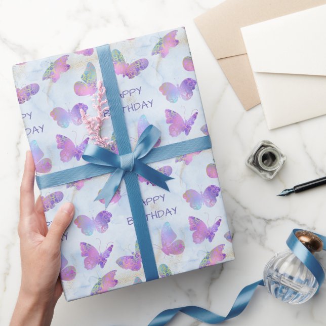 Papier Cadeau Papillons brillants sur l'anniversaire bleu Abstra (Cadeaux)