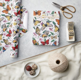 Papier Cadeau Papillons colorés Fleurs roses et Feuilles verts