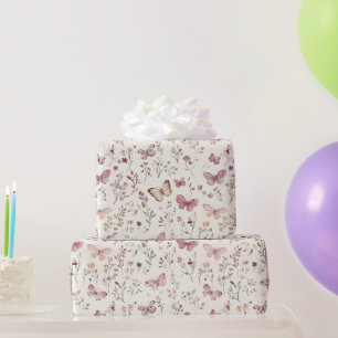 Papier Cadeau Papillons Crème Violette Fleuris Anniversaire
