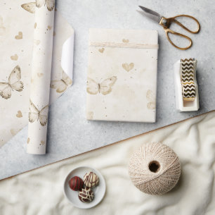 Papier Cadeau Papillons de crème et coeurs d'anniversaire