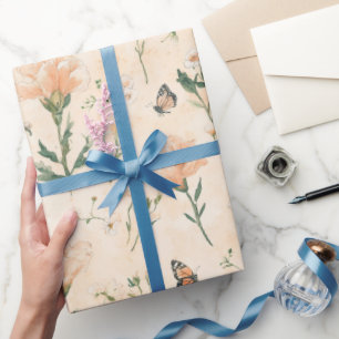 Papier Cadeau Papillons de pêche Fleurs Mariage