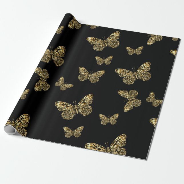 Papier Cadeau Papillons d'or au noir, mignon motif de papillons  (Déroulé)