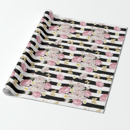 Papier Cadeau Papillons d'or Rose marguerites Floral Pattern Cad