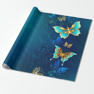 Papier Cadeau Papillons d'or sur un Arrière - plan bleu