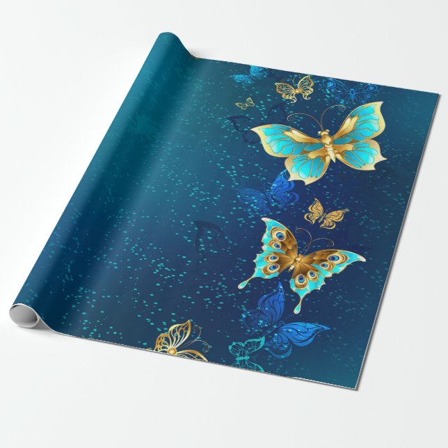 Papier Cadeau Papillons d'or sur un Arrière - plan bleu (Déroulé)