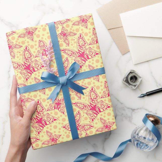 Papier Cadeau papillons en dentelle pourpre sur pois jaune (Cadeaux)