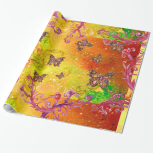 PAPIER CADEAU PAPILLONS EN OR JAUNE BRUN VERT ÉCLATS