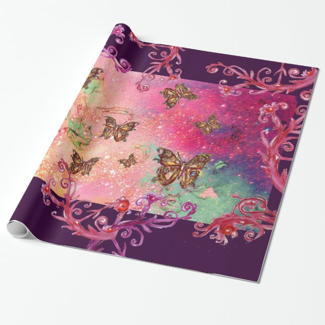 PAPIER CADEAU PAPILLONS EN PAILLETTES ROSES - PLANTE PAPILLON MA (Déroulé)