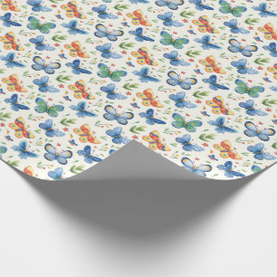 Papier Cadeau Papillons et fleurs bleu jaune vert