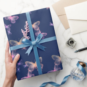 Papier Cadeau Papillons Iridescente Sur Bleu Marine