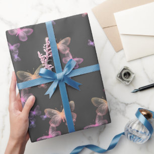 Papier Cadeau Papillons iridescents sur gris
