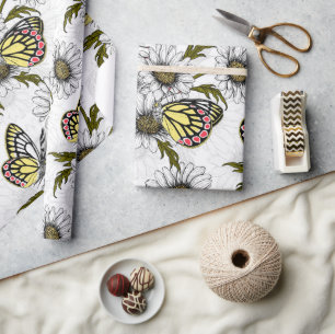 Papier Cadeau Papillons Jézabel et fleurs marguerites sur blanc
