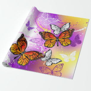 Papier Cadeau Papillons Monarque sur Arrière - plan pourpre